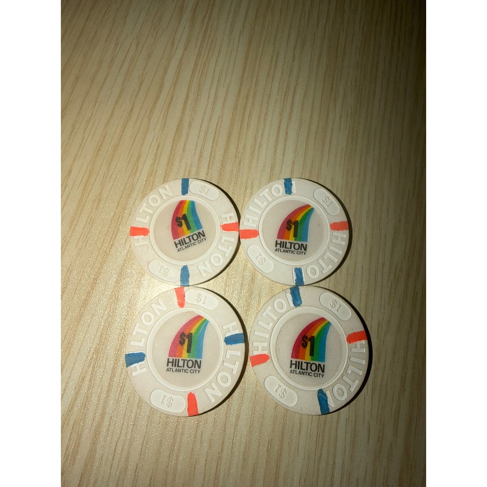 Vintage Hilton Atlantic City $1 Casino Chips Lot/4 Rainbow Logo Obsolete Casino